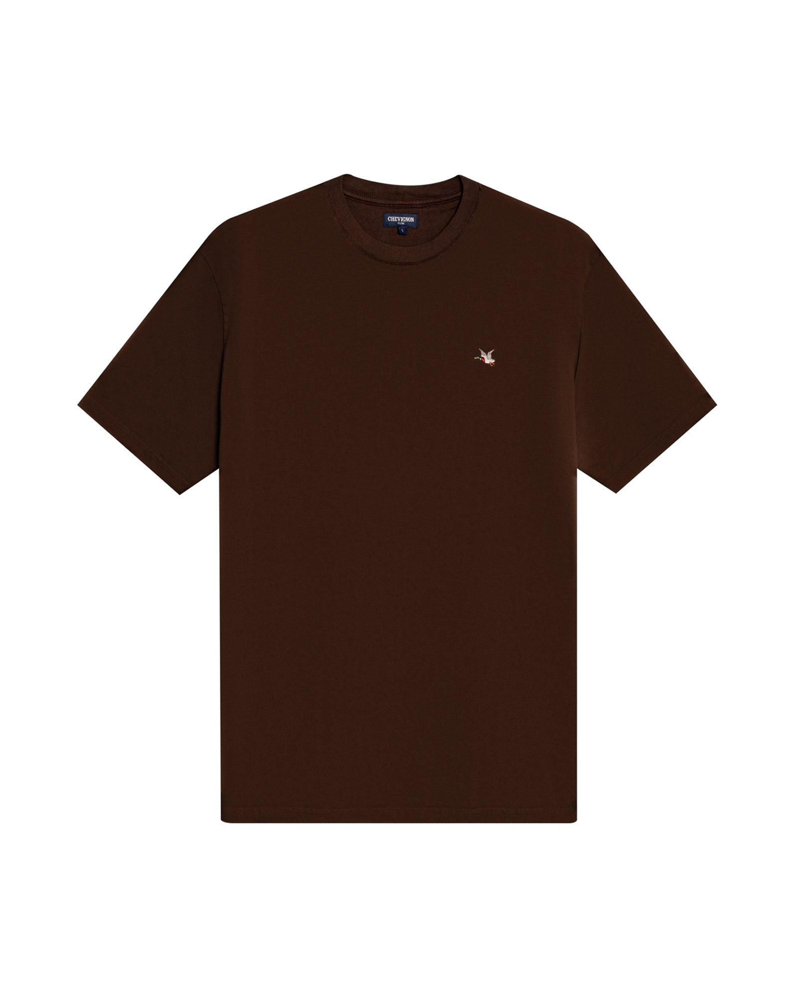 Men's T-Shirt Slim Fit Short Sleeve Crewneck Cotton Vibrant Embroidered Duck Heart Point Chest - Brown