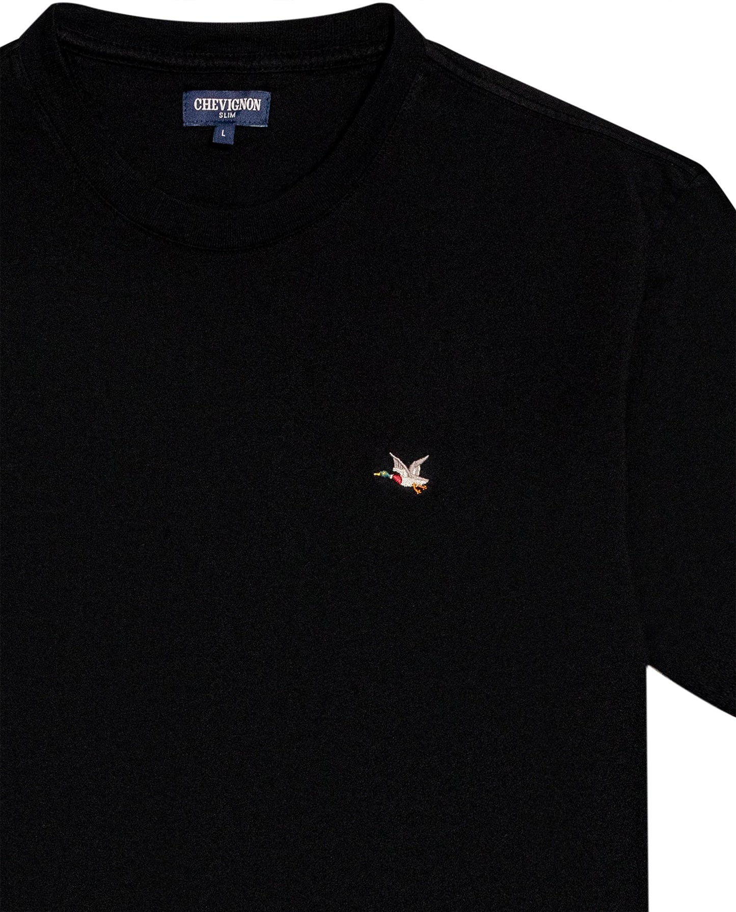 Men's T-Shirt Slim Fit Short Sleeve Crewneck Cotton Vibrant Embroidered Duck Heart Point Chest - Black