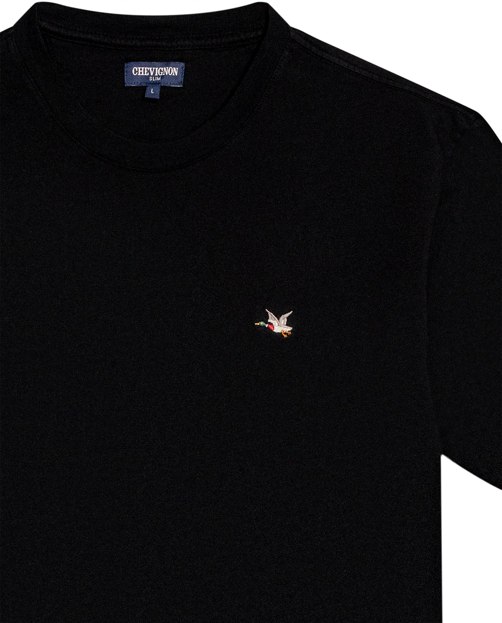 Men's T-Shirt Slim Fit Short Sleeve Crewneck Cotton Vibrant Embroidered Duck Heart Point Chest - Black