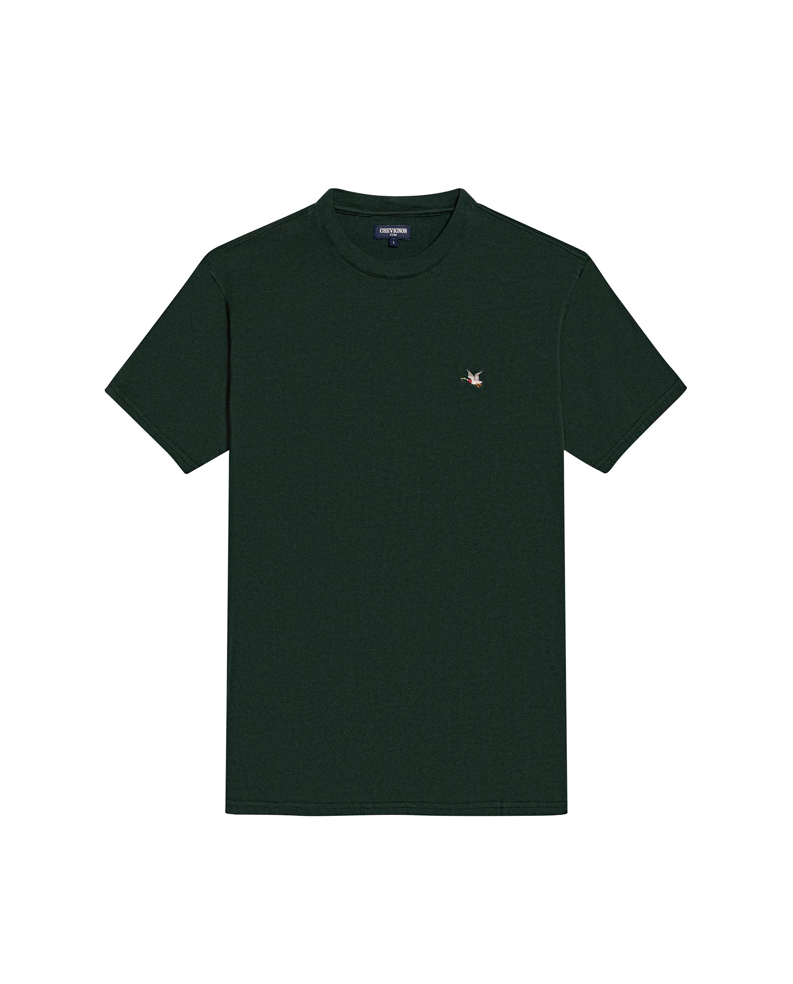 Men's T-Shirt Slim Fit Short Sleeve Crewneck Cotton Vibrant Embroidered Duck Heart Point Chest - Dark Green