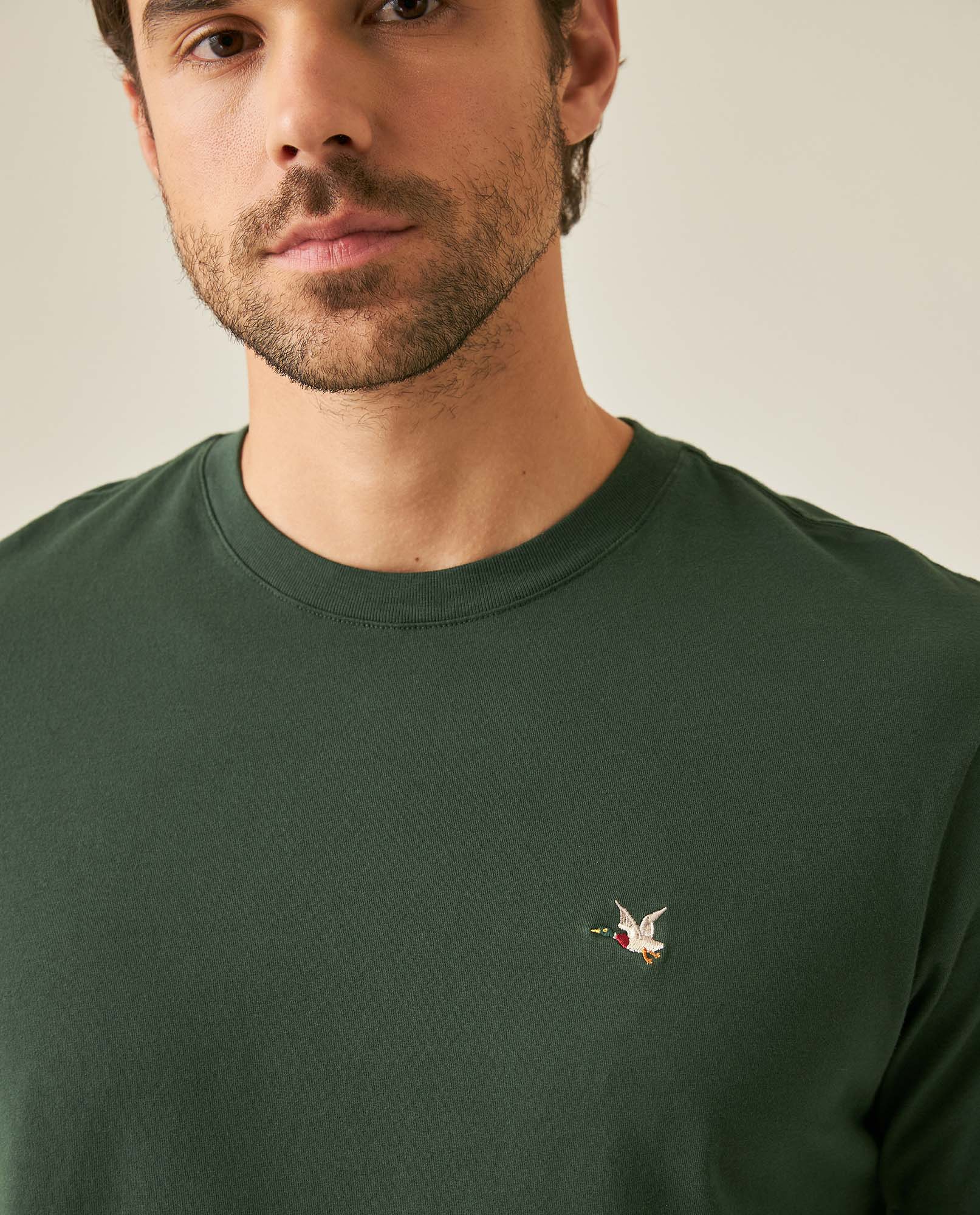 Men's T-Shirt Slim Fit Short Sleeve Crewneck Cotton Vibrant Embroidered Duck Heart Point Chest - Dark Green