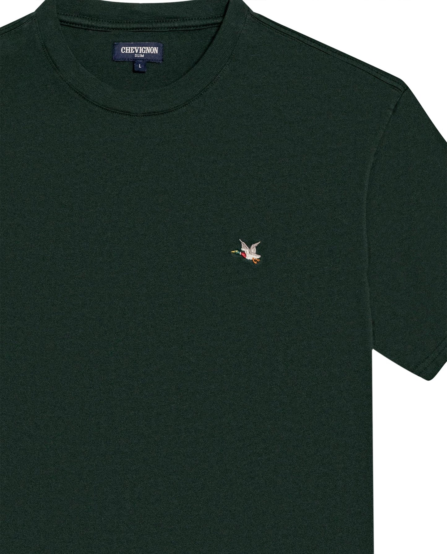 Men's T-Shirt Slim Fit Short Sleeve Crewneck Cotton Vibrant Embroidered Duck Heart Point Chest - Dark Green