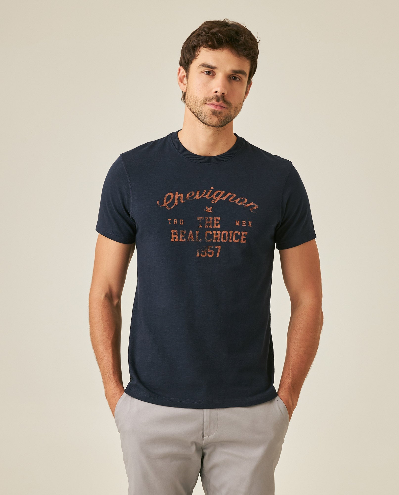 Men's T-Shirt Slim Fit Short Sleeve Cotton Subtle Slub Heavy Rib Collar Printed Front Graphic Seam Details - Blue