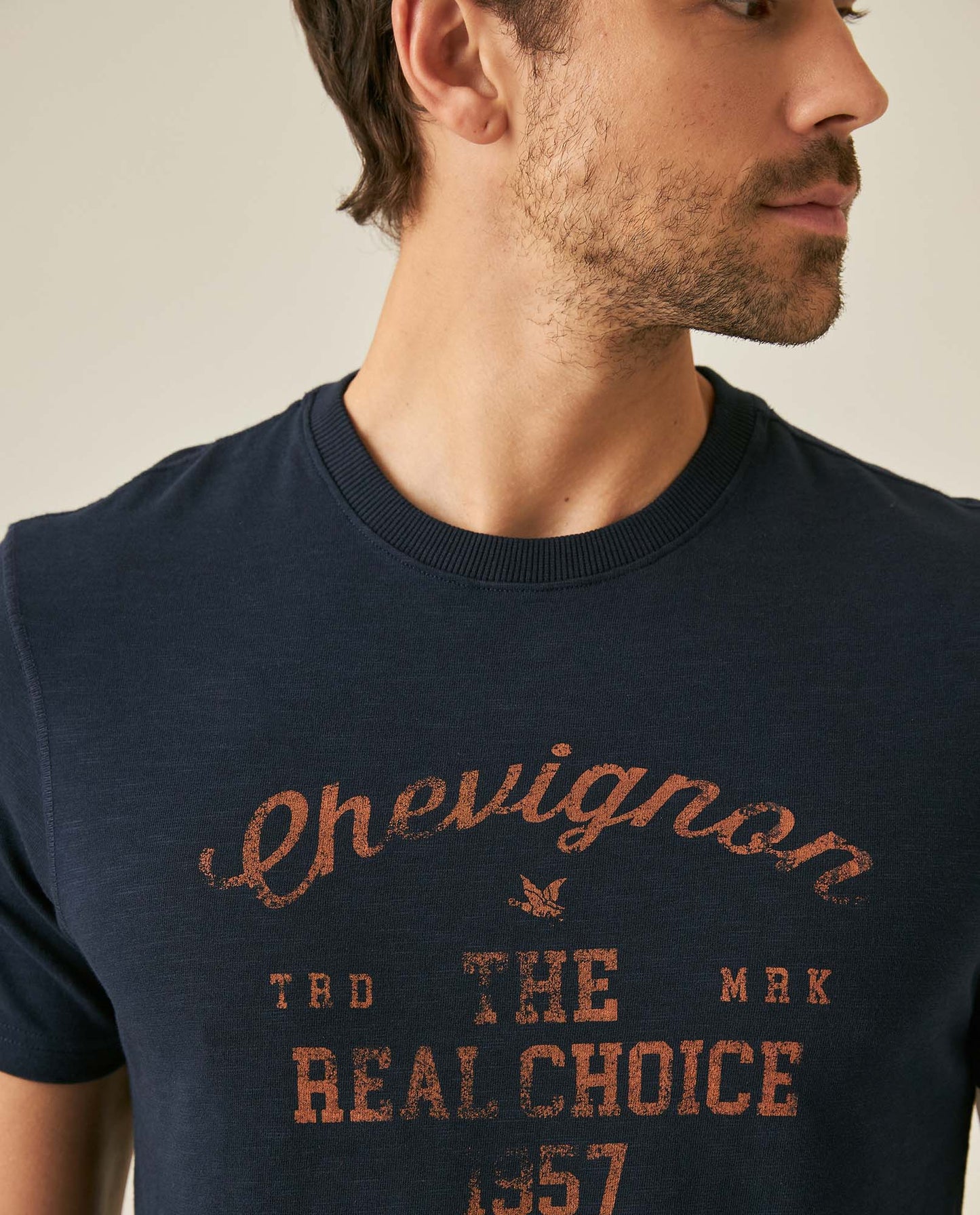 Men's T-Shirt Slim Fit Short Sleeve Cotton Subtle Slub Heavy Rib Collar Printed Front Graphic Seam Details - Blue