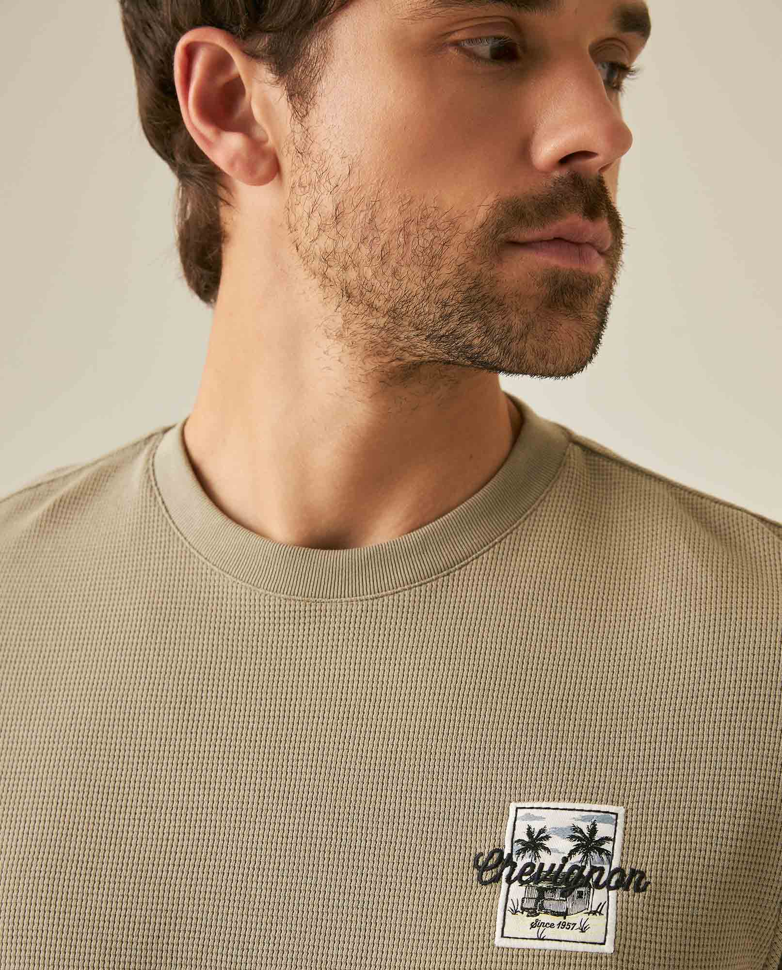 Men's T-Shirt Slim Fit Short Sleeve Cotton Polyester Waffle Texture Chest Embroidery Overlay Label - Green