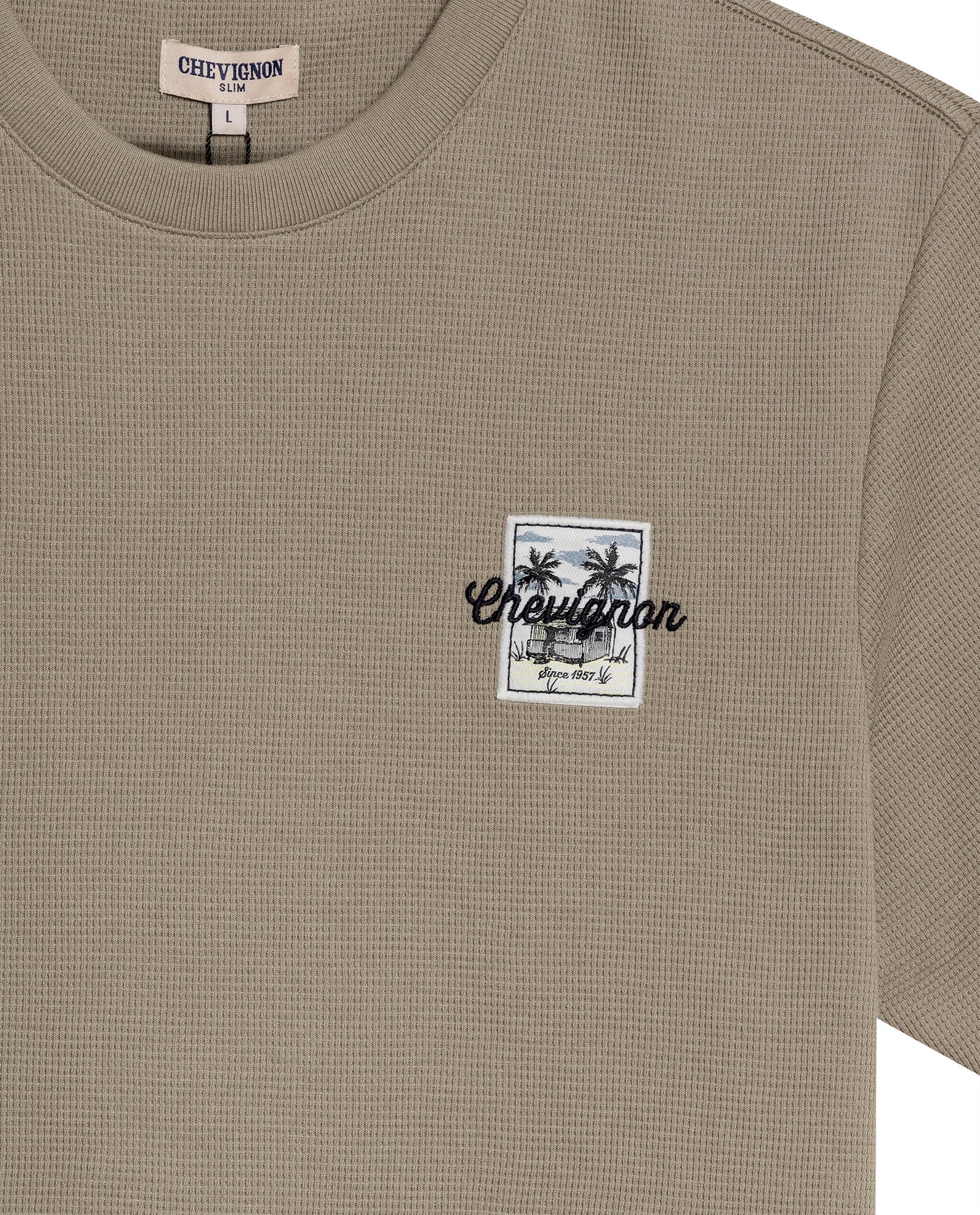 Men's T-Shirt Slim Fit Short Sleeve Cotton Polyester Waffle Texture Chest Embroidery Overlay Label - Green