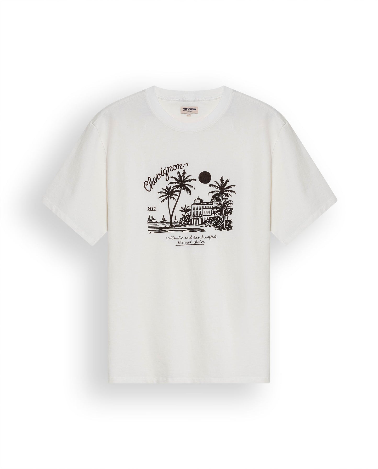 Men's T-Shirt Classic Fit Short Sleeve Cotton Jersey Medium Weight Heavy Rib Collar Mixed Front Graphics - Raw