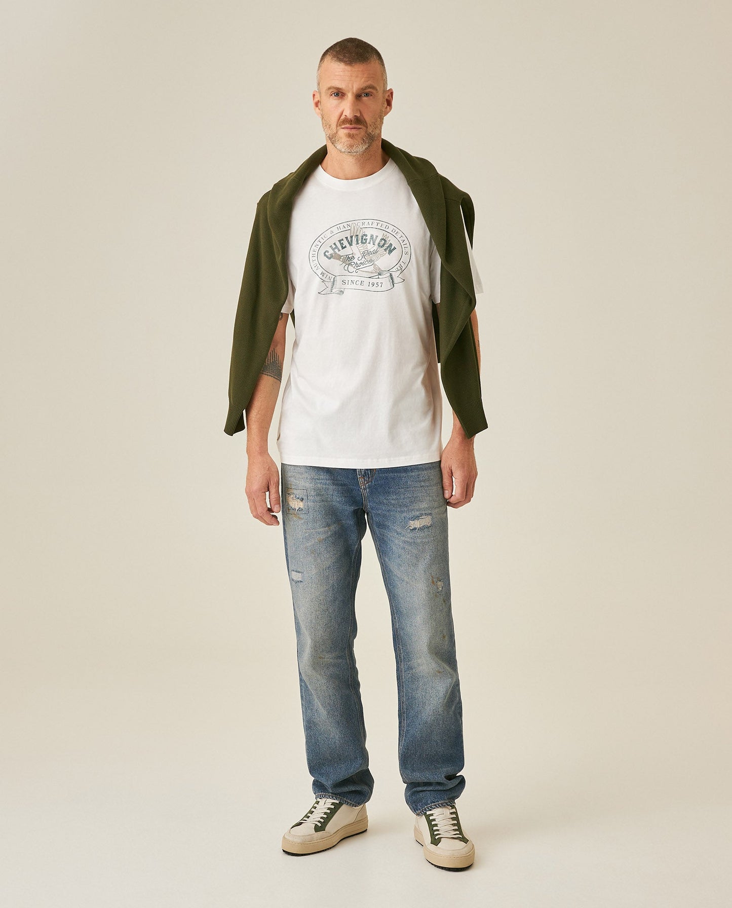 Men's T-Shirt Slim Fit Short Sleeve Cotton Jersey Medium Weight Front Localized Graphic - Raw