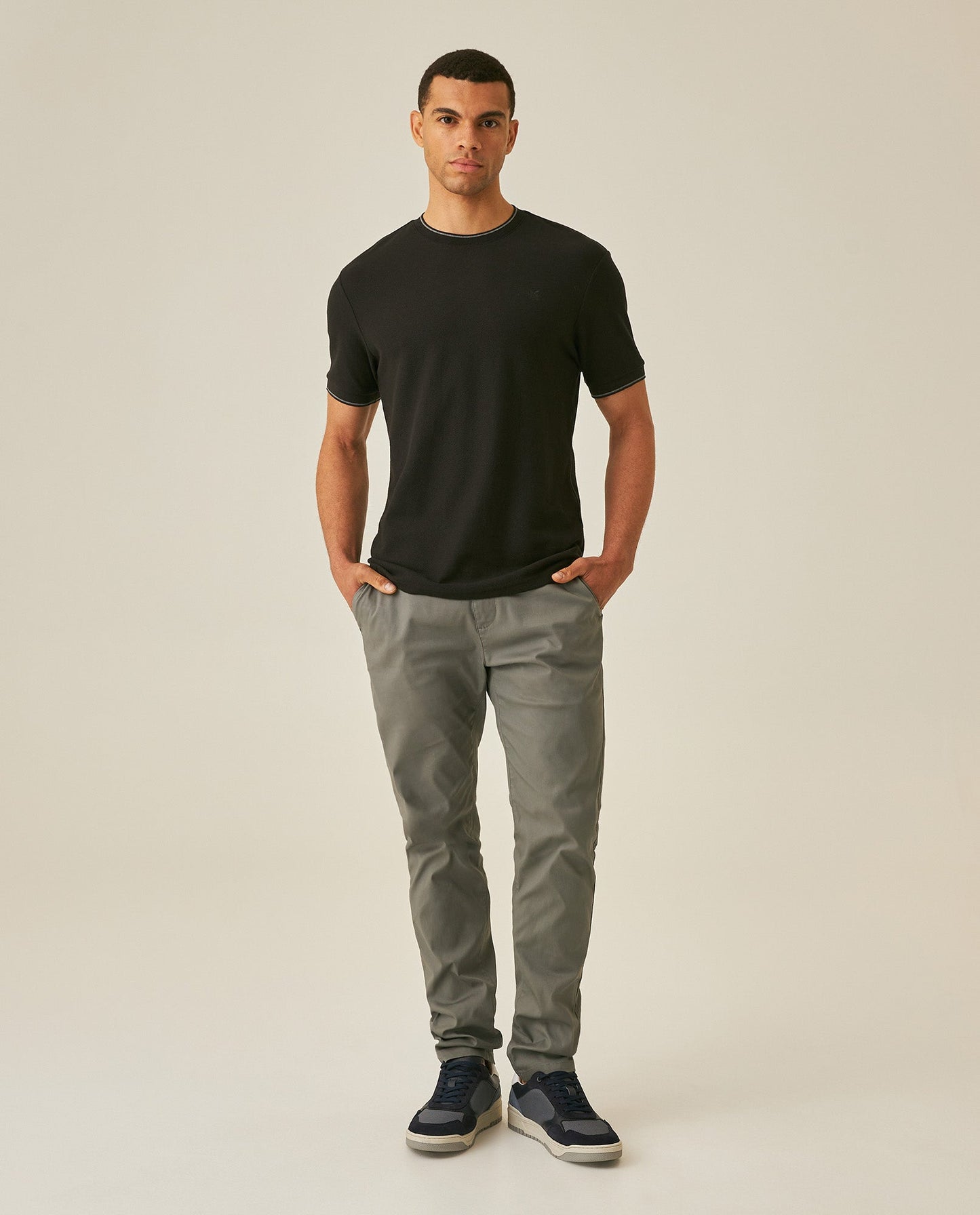 Men's T-Shirt Slim Fit Short Sleeve Cotton Honeycomb Effect Knit Collar Cuffs Refined Structure - Black