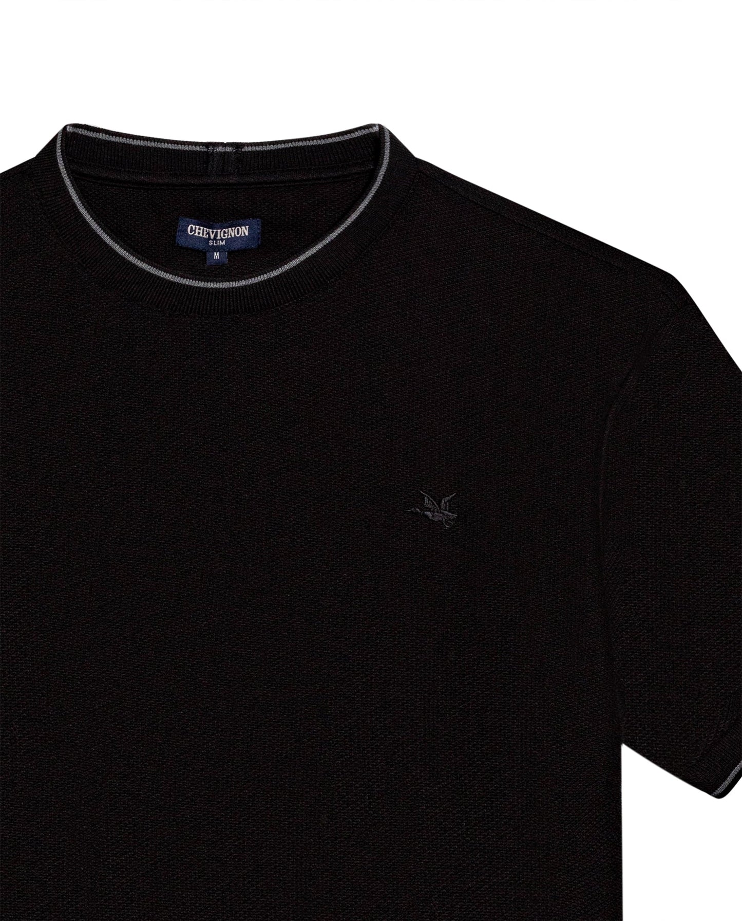 Men's T-Shirt Slim Fit Short Sleeve Cotton Honeycomb Effect Knit Collar Cuffs Refined Structure - Black