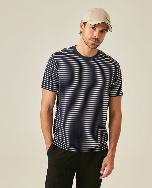 Men's T-Shirt Slim Fit Short Sleeve Cotton Elastane Stripe Fabric Flag Label Side Sleeve Nautical - Blue