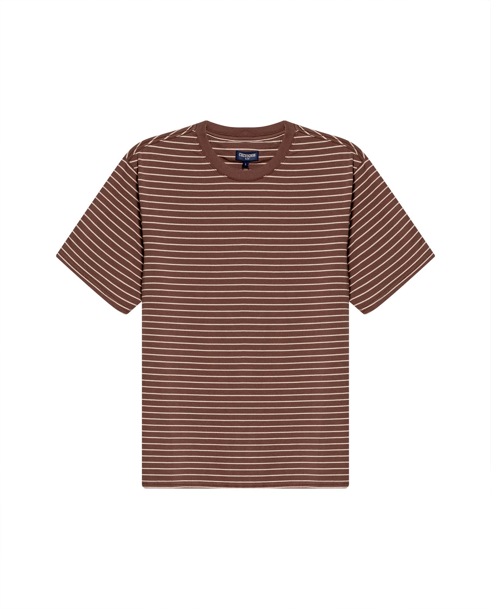Men's T-Shirt Slim Fit Short Sleeve Cotton Elastane Stripe Fabric Flag Label Side Sleeve Nautical - Brown