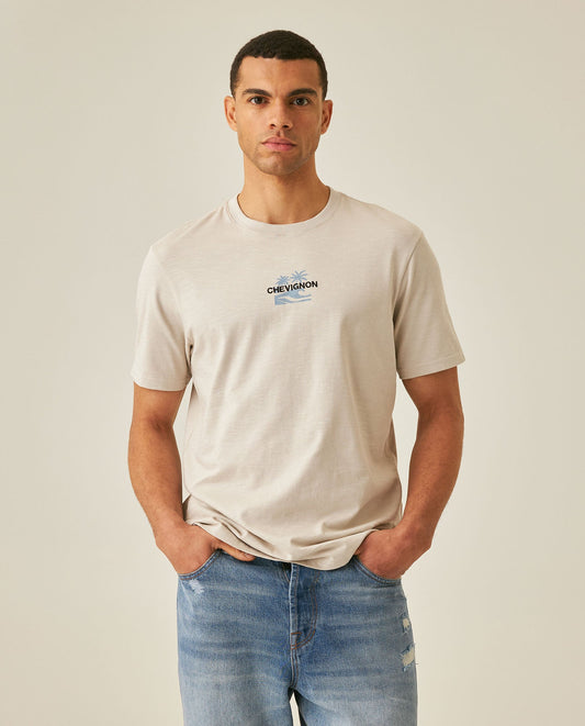 Men's T-Shirt Slim Fit Short Sleeve Cotton Jersey Double Knit  - Beige
