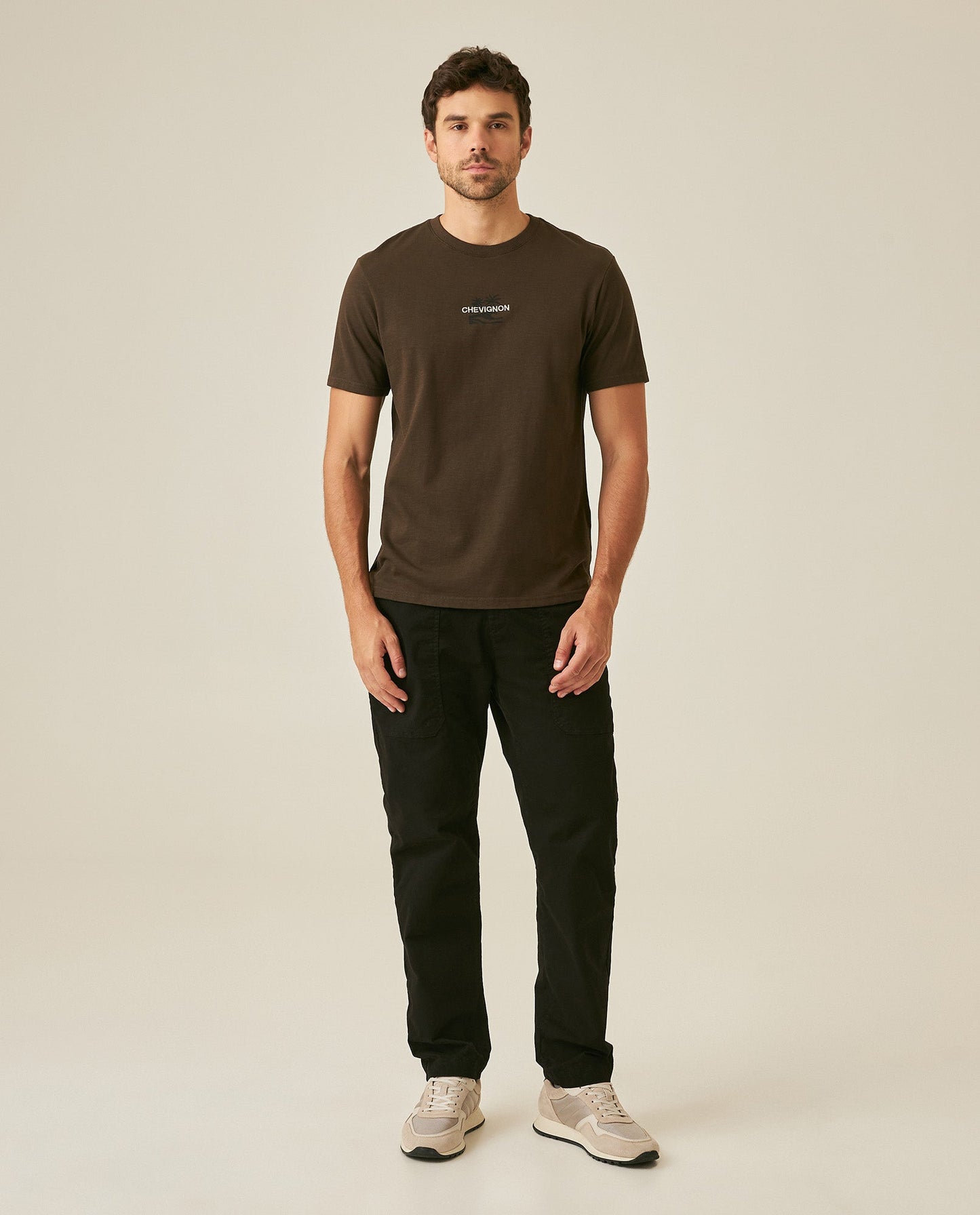 Men's T-Shirt Slim Fit Short Sleeve Cotton Jersey Double Knit Discreet Central Summer Graphic Side Vents - Brown