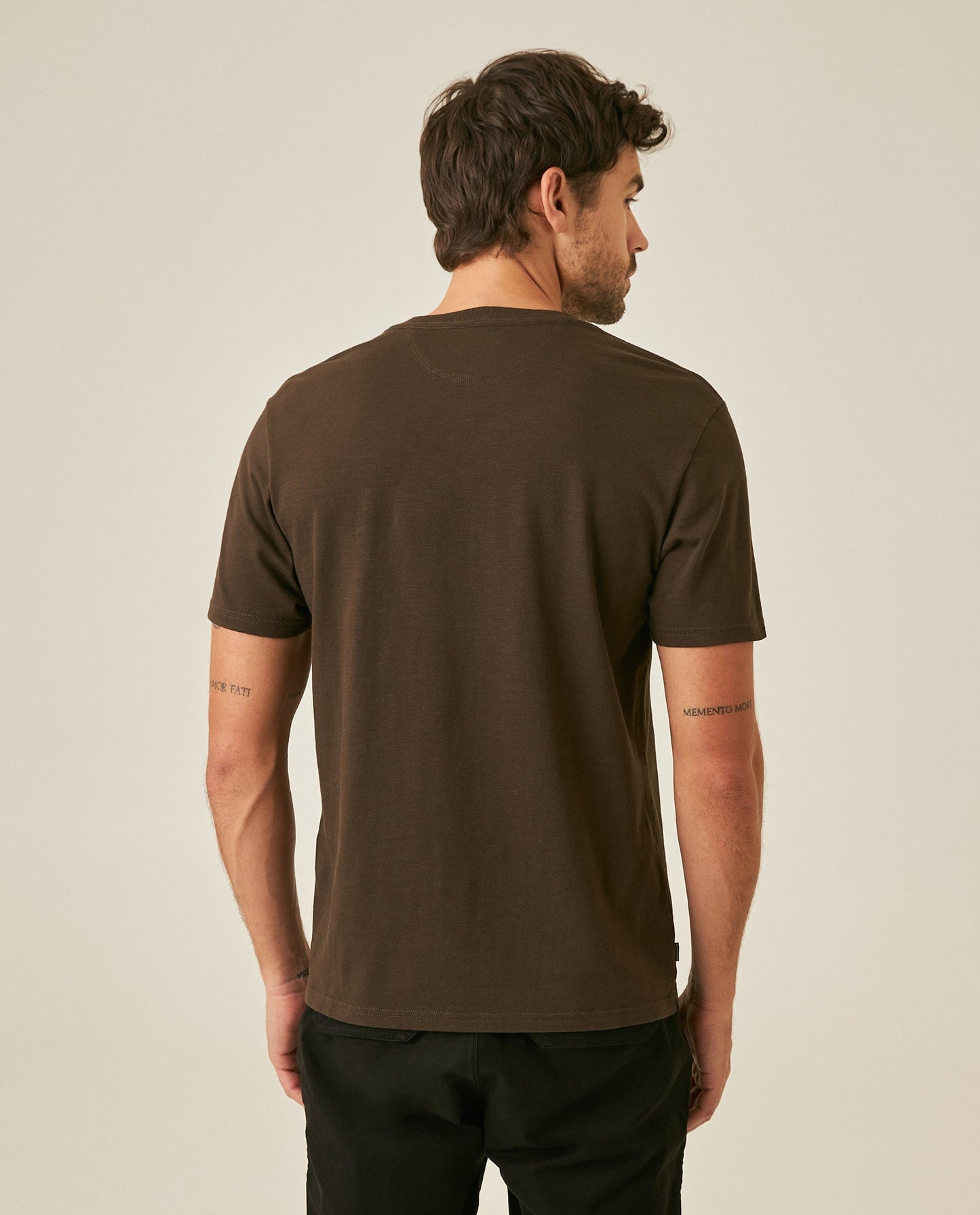 Men's T-Shirt Slim Fit Short Sleeve Cotton Jersey Double Knit Discreet Central Summer Graphic Side Vents - Brown