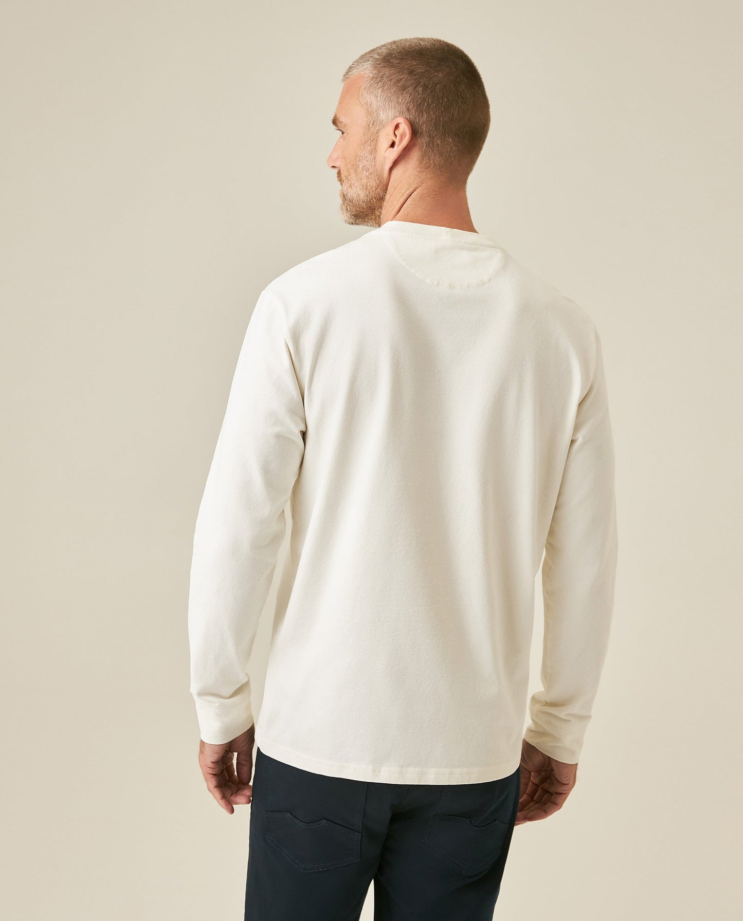 Men's T-Shirt Long Sleeve Classic Fit Cotton Elastane Jersey Heavy Chain Stitch Embroidered Graphic - Raw
