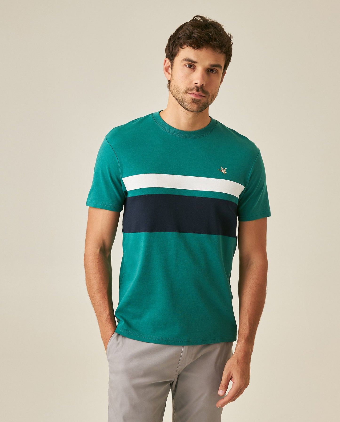 Men's T-Shirt Slim Fit Short Sleeve Cotton Jersey Normalized Varsity Color Blocks Tone on Tone Duck - Green