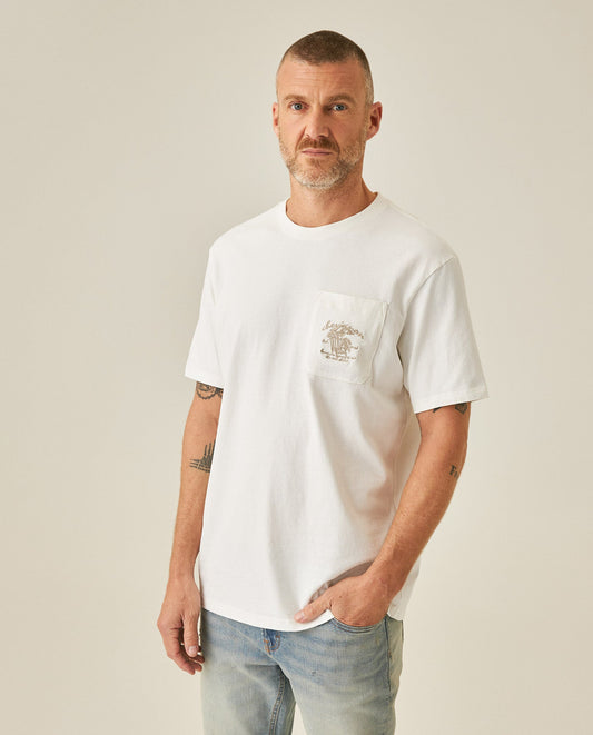 Men's T-Shirt Classic Fit Short Sleeve Cotton Jersey Medium Weight Embroidered Graphics Both Sides Pocket - Raw
