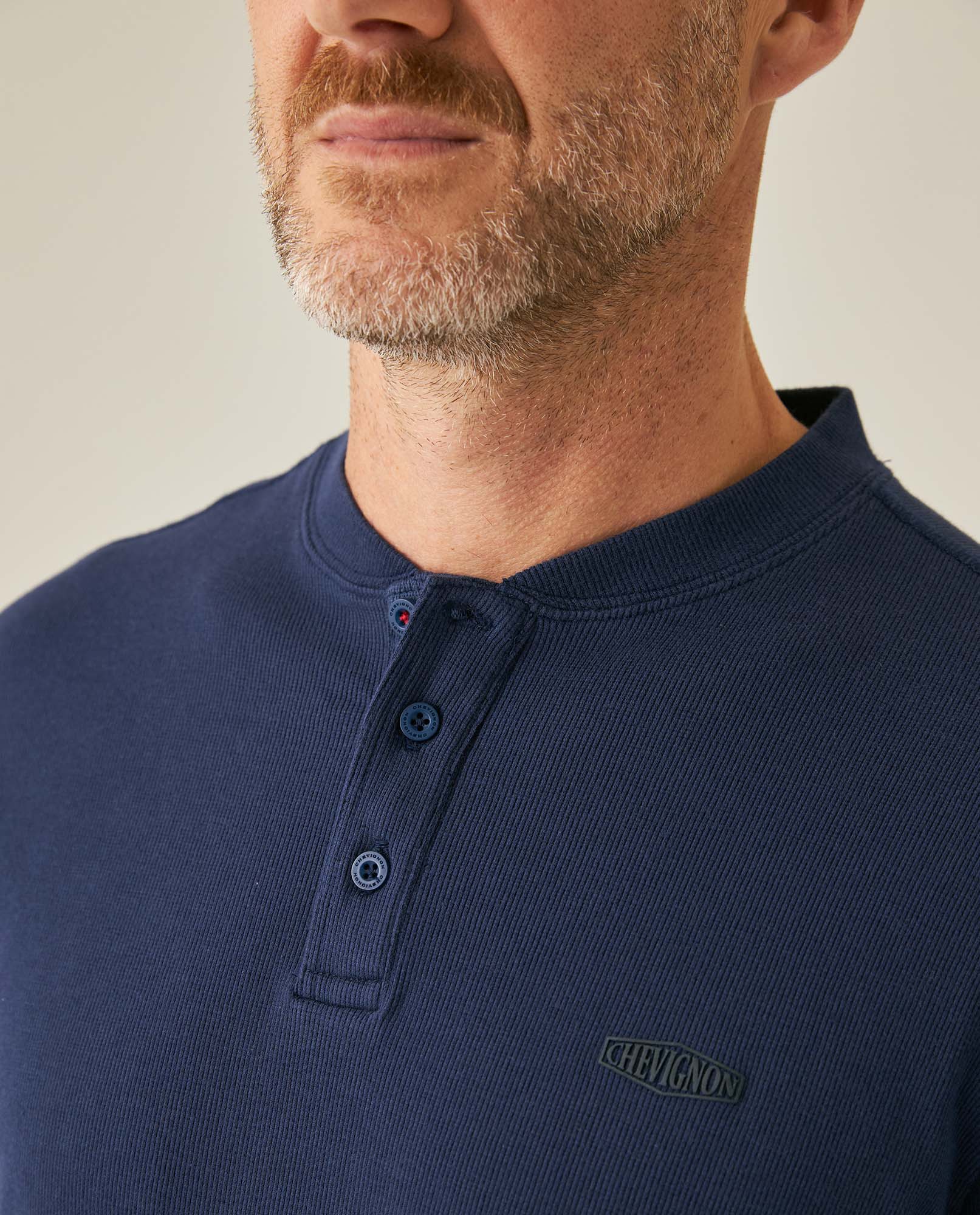 Men's T-Shirt Slim Fit Long Sleeve Henley Collar Cotton Elastane Knitwear Simulation Tone on Tone Buttons - Blue