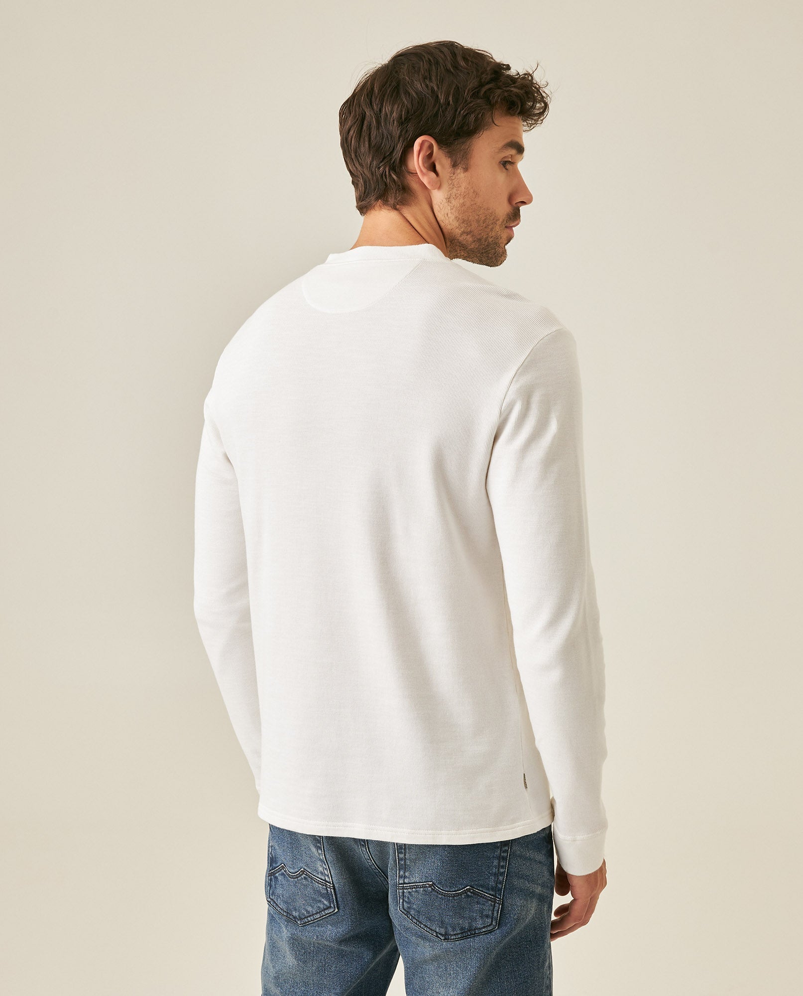 Men's T-Shirt Slim Fit Long Sleeve Henley Collar Cotton Elastane Knitwear Simulation Tone on Tone Buttons - Raw