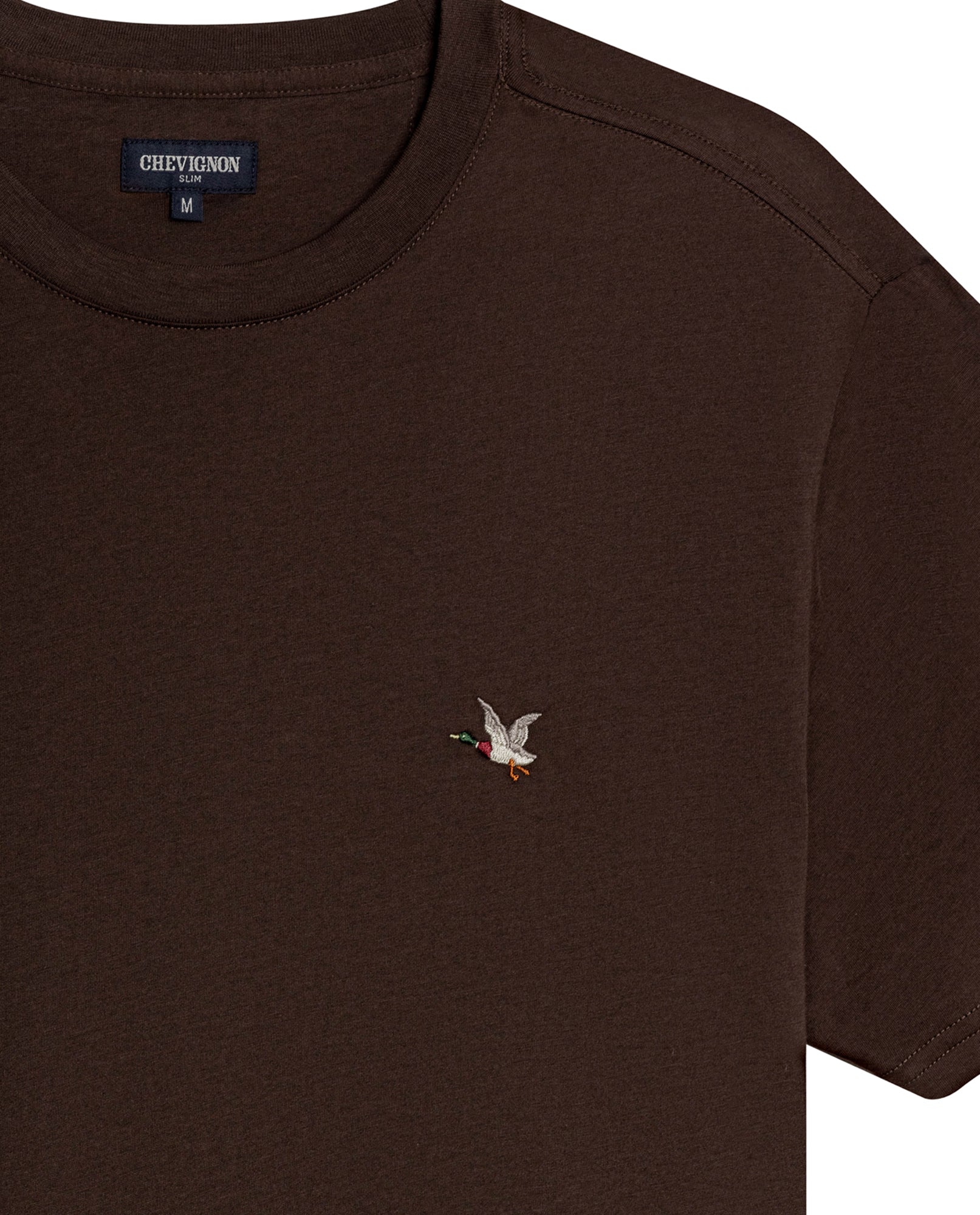 Men's T-Shirt Slim Fit Short Sleeve Crewneck Pima Cotton Vibrant Embroidered Duck Heart Point - Brown