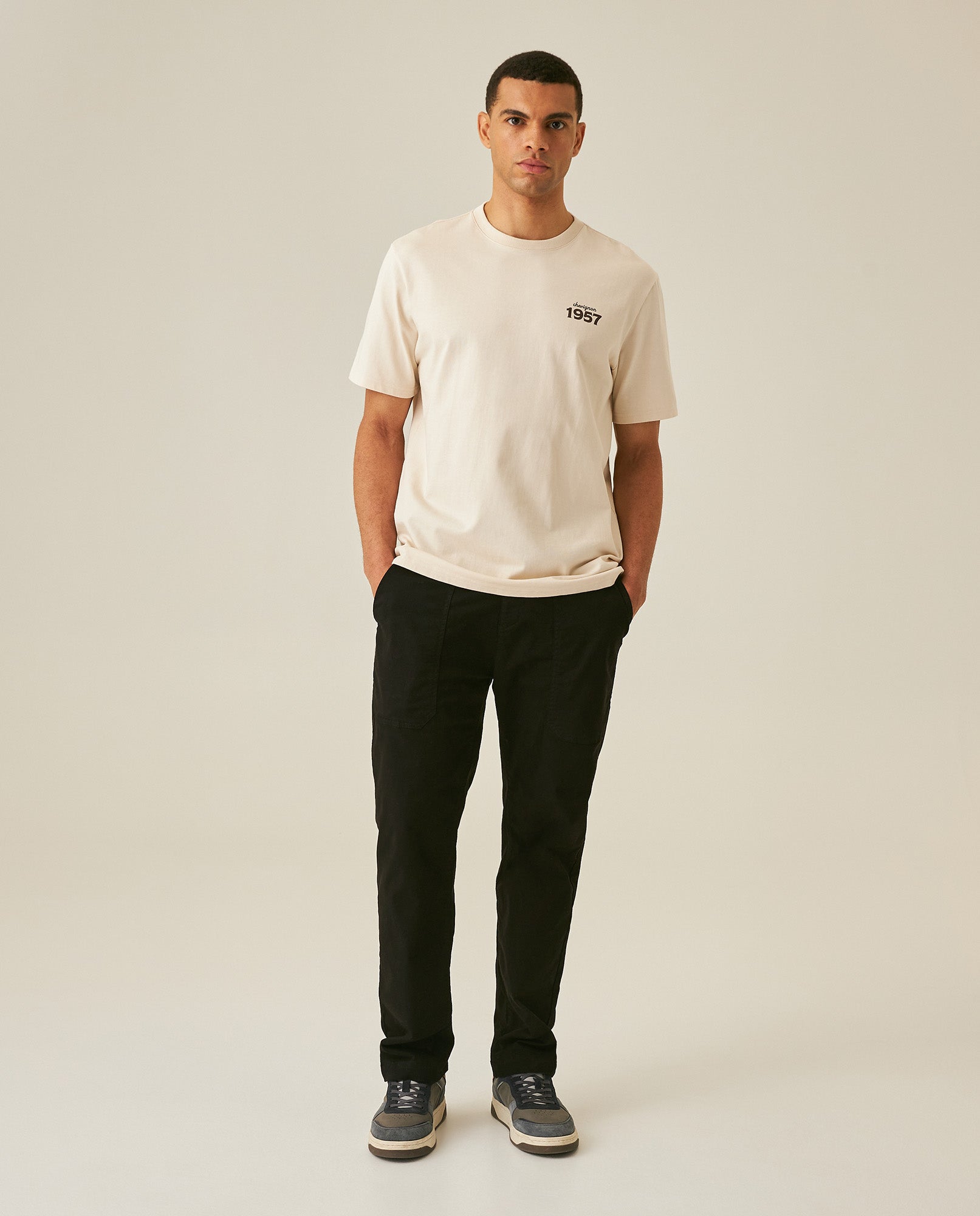 Men's T-Shirt Long Sleeve Classic Fit Cotton Jersey Medium Weight Mixed Typography Front Back - Raw