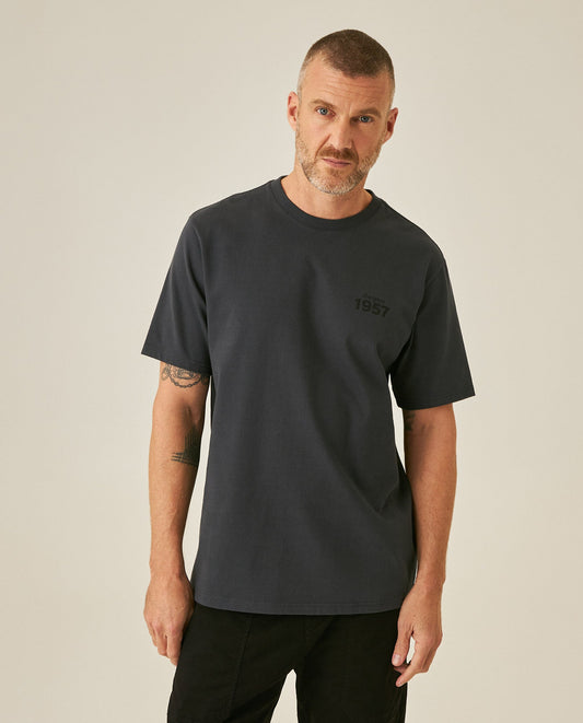 Men's T-Shirt Long Sleeve Classic Fit Cotton Jersey Medium Weight Mixed Typography Front Back - Gray