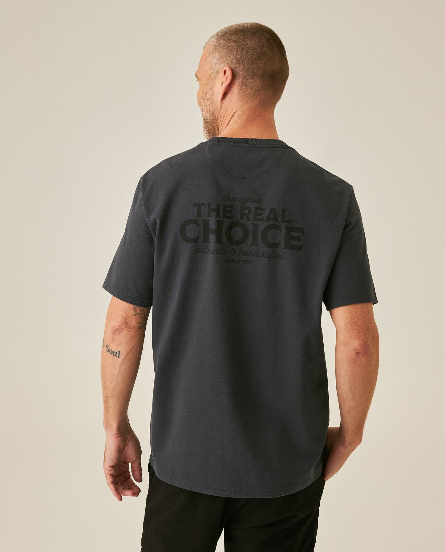 Men's T-Shirt Long Sleeve Classic Fit Cotton Jersey Medium Weight Mixed Typography Front Back - Gray