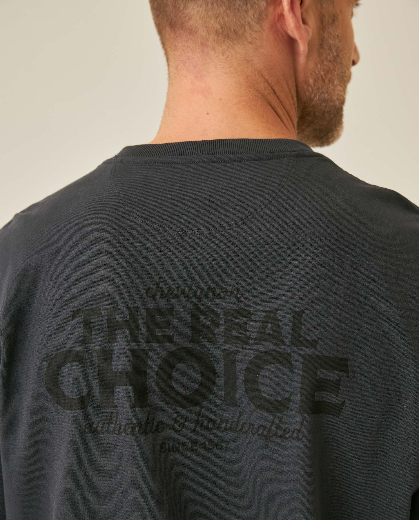 Men's T-Shirt Long Sleeve Classic Fit Cotton Jersey Medium Weight Mixed Typography Front Back - Gray