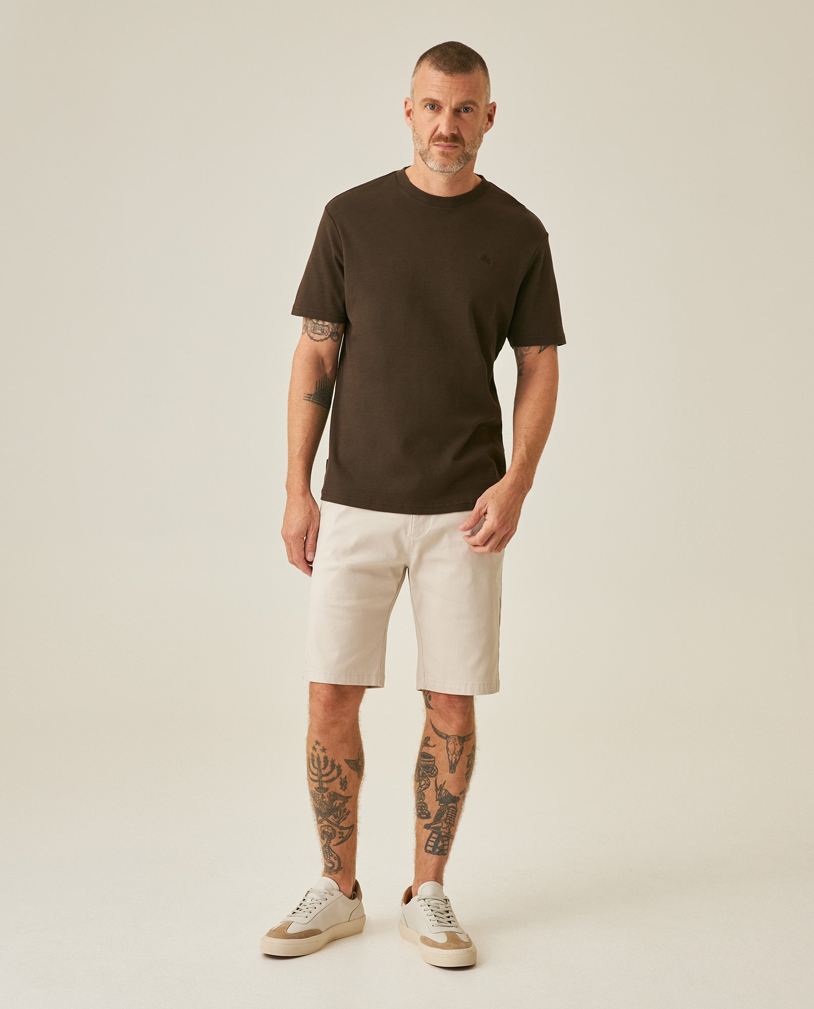 Men's T-Shirt Slim Fit Short Sleeve Cotton Jersey Double Knit Superior Durability Tone on Tone Duck Minimalist - Brown